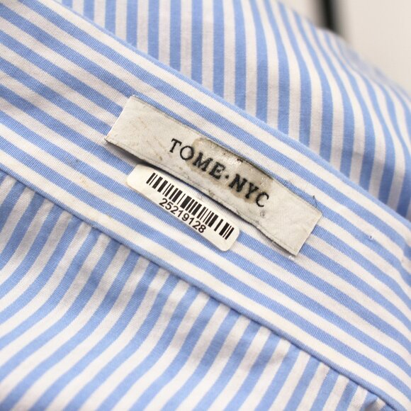 TOME NYC Blue White Pinstripe Drawstring Ruffle Hem Short Sleeve Top 12 Shirt - Picture 6 of 7